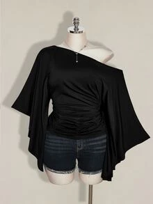 SHEIN ICON Women's Plus Size Retro Sexy Millennial Style Y2K Elegant Commuter Cold Shoulder Ruffled Short Sleeve Gathered Waist Black Top Fall - Black - View 3