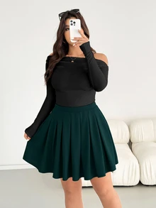 SHEIN Essnce تنورة ميني مطوية متعددة الاستخدامات للمقاسات الكبيرة للمواعدة - ازرق مخضر - مشاهدة 5