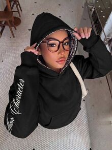 SHEIN 青少年女孩豹紋英文字母寬鬆休閒運動衫 - 黑色 - 查看 4