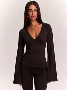 SHEIN BAE Women's Casual Versatile Long Sleeve Ruched Top For Daily Wear - Coffee Brown - View 6