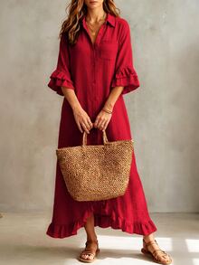Linhara CURVE Plus Size Women's Solid Color Pleated Casual Party Dress - Red - View 8