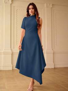 ZEYLAH Spring/Summer Asymmetrical Hem Asymmetrical Shoulder Dress - Dark Blue - View 5