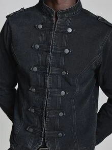 Musero Military Button Detail Denim Jacket Long Sleeve Shoulder Epaulesttes Button Closure Autum Winter Essentials - Black - View 6
