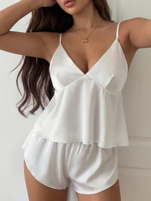 DAZY 2pcs Solid Color Backless Spaghetti Strap Sexy Crop Top & Panty Women's Pajama Set - White - View 3