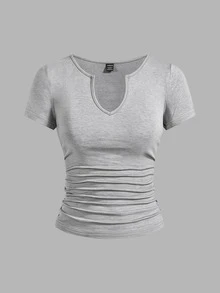 SHEIN EZwear 女款休閒舒適缺口領抓皺短袖T恤 黑色、白色、灰色 3件組 - 黑與白 - 查看 10