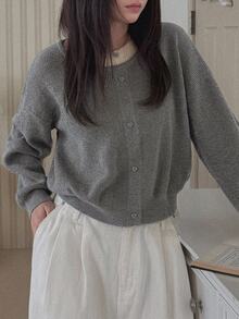 DAZY 女款拼接 2 合 1 寬鬆圓領長袖鈕扣裝飾休閒度假針織套頭毛衣，秋冬款 - 灰色 - 查看 2