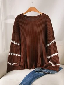 CosyJoli Plus Size Women's Heart Pattern Crew Neck Drop Shoulder Long Sleeve Casual Pullover Sweater Winter - Brown - View 3