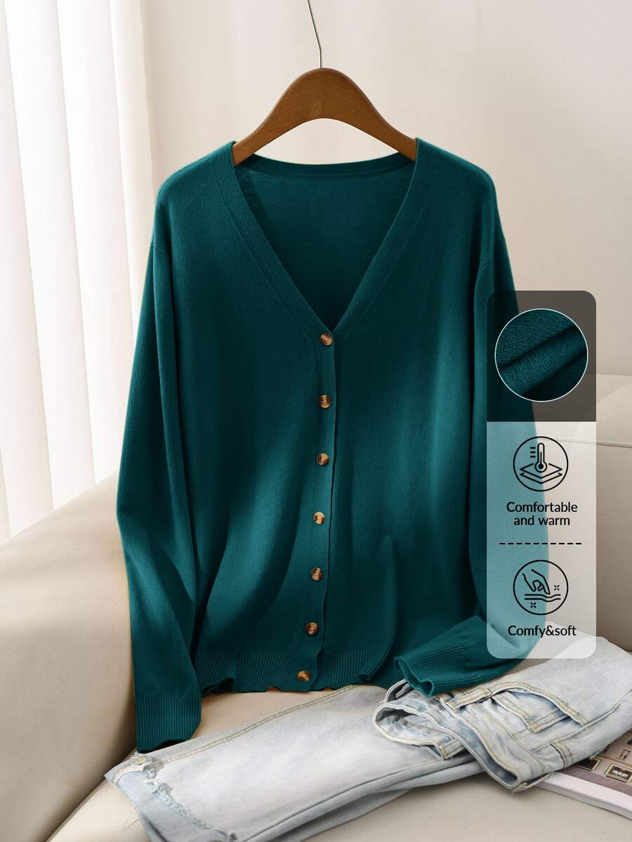 CosyJoli كارديجان محبوك بأزرار وأكمام طويلة بتصميم بسيط للنساء مقاس كبير - أخضر داكن - مشاهدة 1