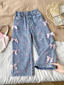 SHEIN LMoss Kids 女童寬鬆寬腿牛仔藍色牛仔褲，夏季波希米亞風薄款牛仔寬腿褲，牛仔女孩風 - 藍色 - 查看 1
