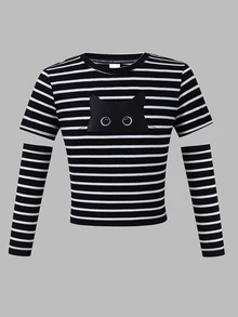 SHEIN Tween Girl Slim Fit Casual Cropped Knit Cat Print Striped T-Shirt With Sleeves - Black and White - View 1