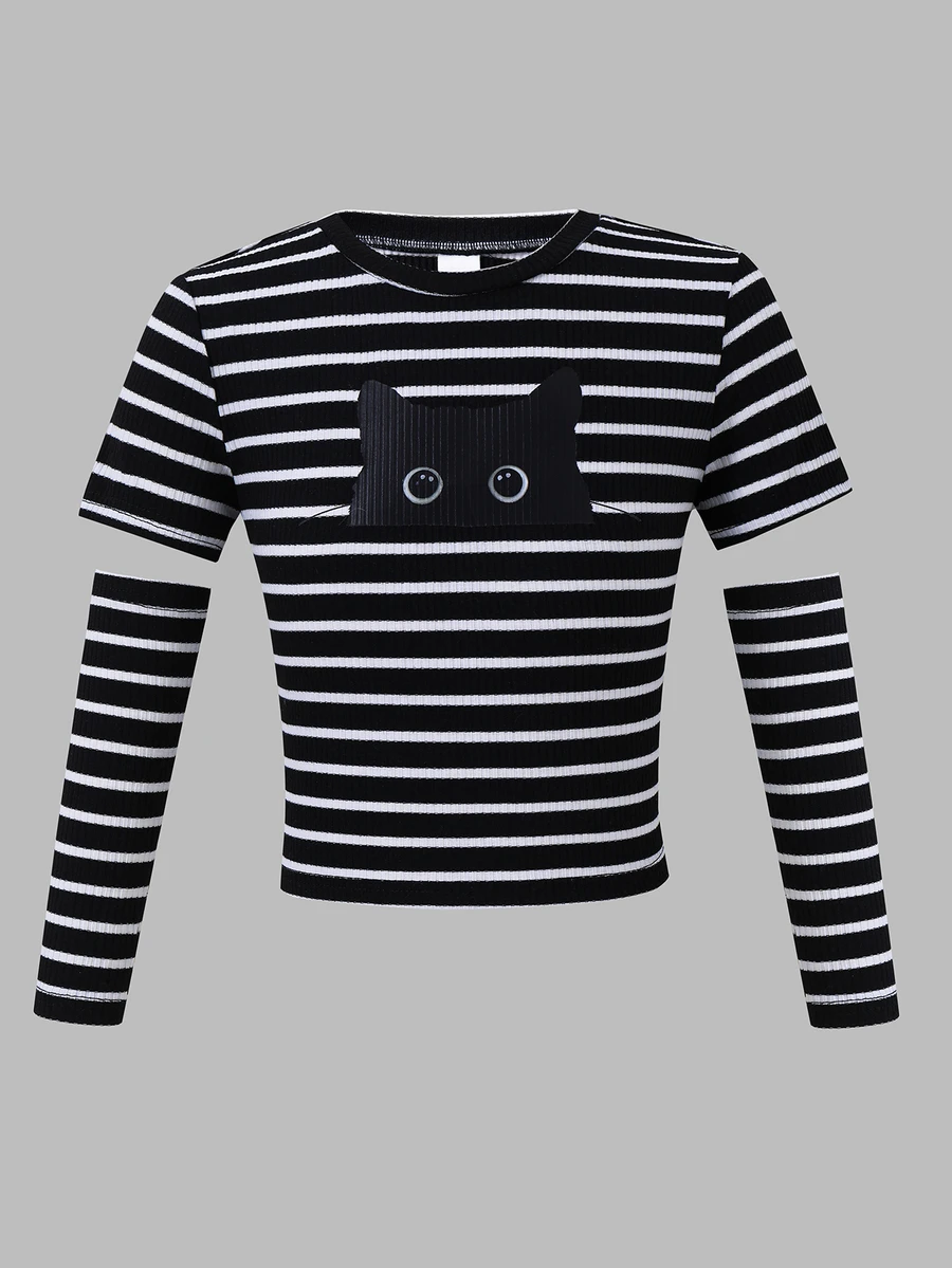 SHEIN Tween Girl Slim Fit Casual Cropped Knit Cat Print Striped T-Shirt With Sleeves - Black and White - View 1