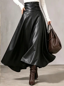 SHEIN Franclia 女款純色PU皮革時尚百搭裙 黑色 秋季 優雅 約會日常穿搭 - 黑色 - 查看 4