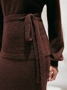 SHEIN Women's Solid Color Knitted Long Sleeve Top With Waist Tie And Skirt 2 Pieces Set - Brown - View 6