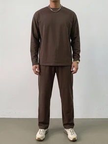 DAZY 男士春秋長袖T恤與彈性腰長褲套裝 - 棕色 - 查看 7