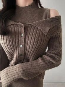 FRIFUL Women's Solid Color Long Sleeve Tassel Hem Knit Cardigan And Sleeveless Knit Dress Elegant Set Fall - Brown - View 2