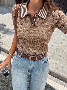 Serisse 女款鈕扣半開襟翻領短袖針織上衣 秋季深色學院風波希米亞鏤空咖啡色 - 駝色 - 查看 4