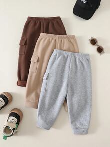 3pcs/Set Celana Panjang Rajut Kasual Lucu Serbaguna Warna Polos untuk Bayi Laki-laki Musim Gugur/Dingin, Celana Jogger Serbaguna untuk Anak-anak - MultiWarna - View 2