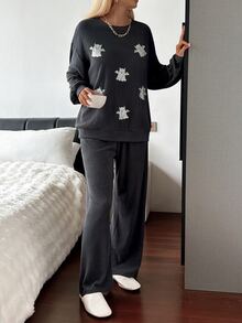 DAZY 2pcs Halloween Pattern Loose Long Sleeve Long Pajama Pants Women's Sleepwear Set - Dark Grey - View 6