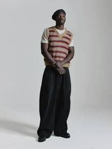 Musero Striped Mohair V Neck Vest Ribbed Neckline And Arm Cuffs Autum Winter Essentials - Multicolor - View 3