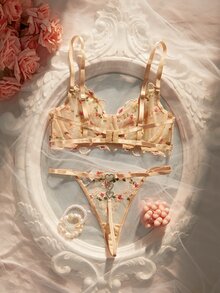 Crystal Vow Floral Embroidery Mesh Lingerie Set For Women, Thin Underwire Bra And Low-Waist Triangle Panty, 2 Pieces Set - Apricot - View 2