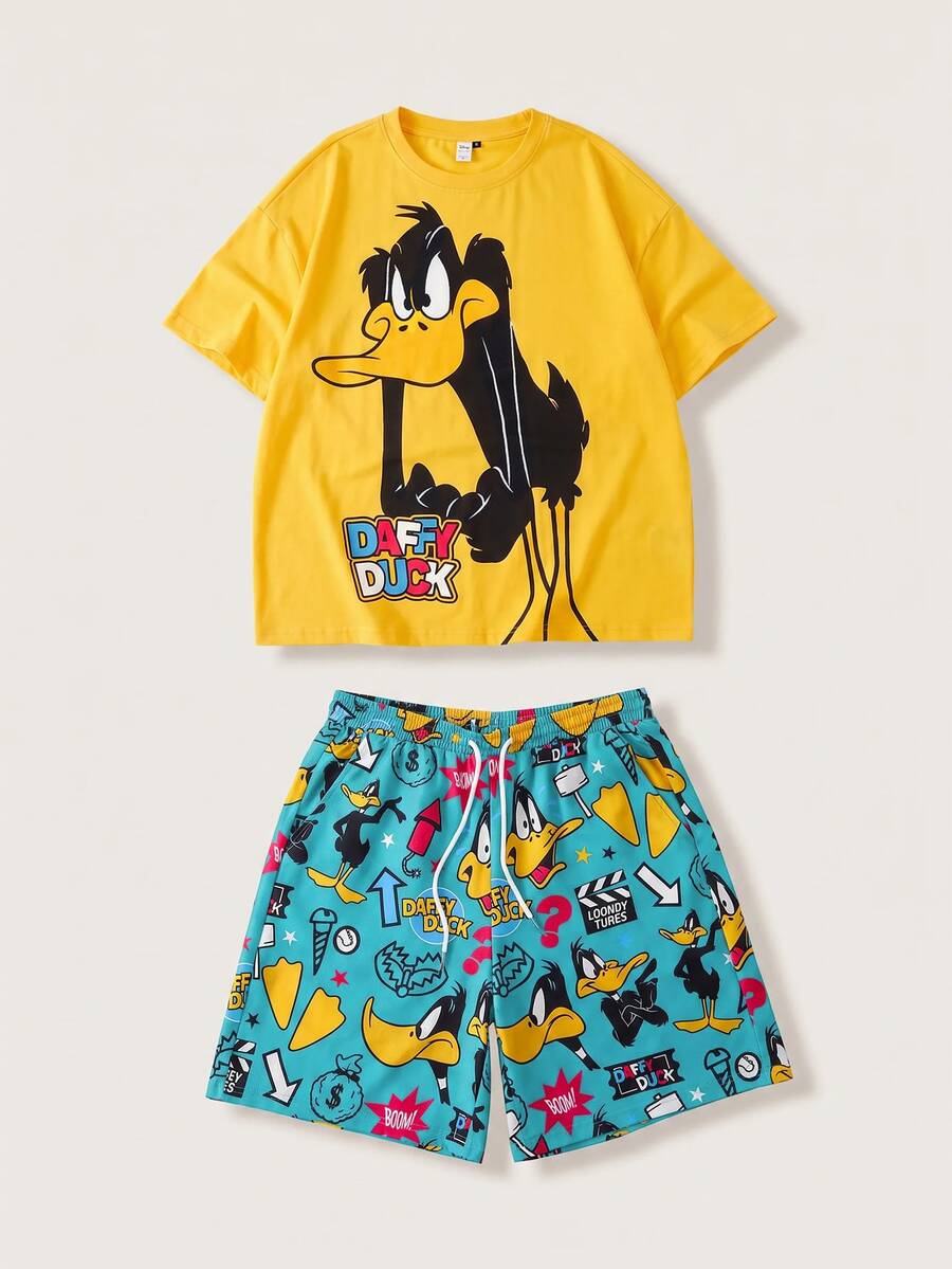 LOONEY TUNES X SHEIN 男士字母卡通印花短袖上衣與短褲休閒居家服套裝 - 黃色 - 查看 1