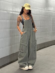 SHEIN Unity Overall Kargo Kaki Lebar Gaya Streetwear Kasual Musim Gugur Denim Abu-abu Muda untuk Pergi Keluar Sehari-hari Bepergian Jumpsuit Nyaman untuk Wanita - Hijau Tentara - View 3