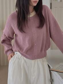 DAZY 女款拼接 2 合 1 寬鬆圓領長袖鈕扣裝飾休閒度假針織套頭毛衣，秋冬款 - 粉色 - 查看 2