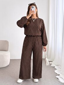 SHEIN Essnce Plus-Size Women's Spring And Autumn Fashion Casual Loose Comfortable Long-Sleeved Top And Wide-Leg Pants Brown Polka Dot Two-Piece Set,Fall Outfits - Brown - View 4