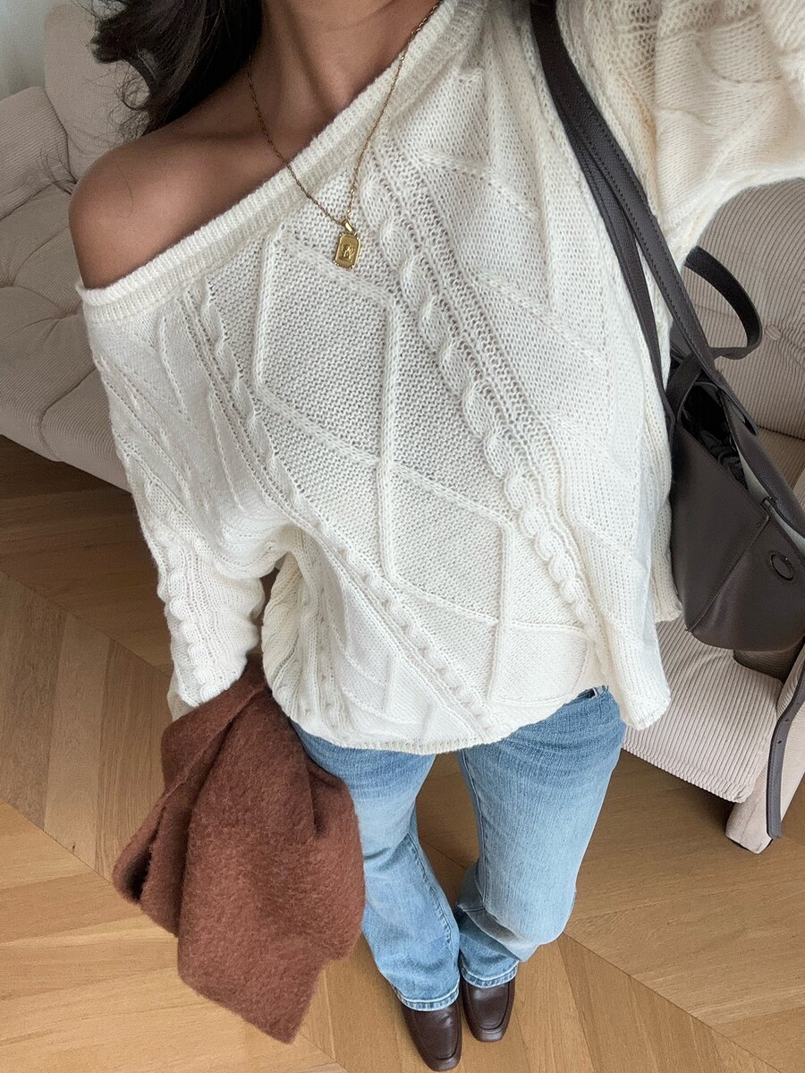 Dulcita Women's Autumn/Winter Asymmetrical Shoulder Round Neck 2-Way Wear Cable Knit Long Sleeve Loose Casual Versatile Knit Sweater - Apricot - View 1