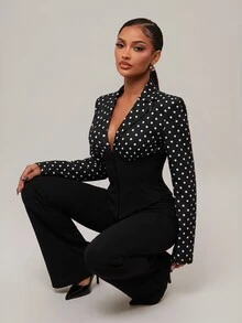 Radiana 女款性感優雅對比色套裝，收腰西裝外套 + 低腰V腰帶喇叭褲 2件套，時尚休閒商務女裝，通勤套裝，專業正裝，辦公室穿搭，適合日常外出、約會、聚會、正式場合 - 黑與白 - 查看 1