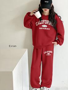 青少年女孩舒適休閒簡約英文標語印花寬鬆圓領長袖套頭衛衣與錐形運動褲套裝，適合居家與外出，深綠色，聖誕節 - 紅色 - 查看 3