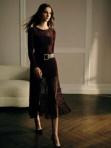 MOTF PREMIUM ELEGANT SEMI-SHEER MID-LENGTH DRESS FOR WOMEN, AUTUMN/WINTER - Burgundy - View 6