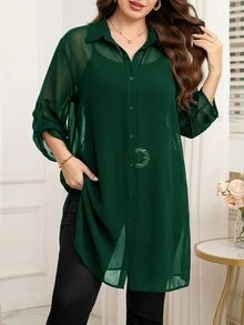 Reflora Plus Size Women's Solid Color Casual Versatile Daily Wear Shirt - Green - View 7