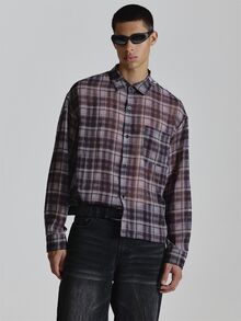 Musero Oversized Crop Long Sleeve Shirt In Textured Check Fabric Drop Shoulder Patch Chest Pocket Autum Winter Essentials - Purple - View 1