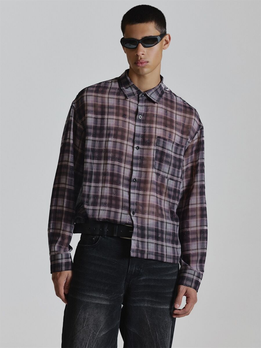 Musero Oversized Crop Long Sleeve Shirt In Textured Check Fabric Drop Shoulder Patch Chest Pocket Autum Winter Essentials - Purple - View 1