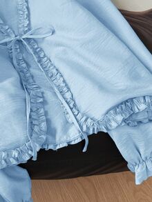 Muvela Women's Sweet Fashion Ruffle Trim Tie Front Blouse - Baby Blue - View 4