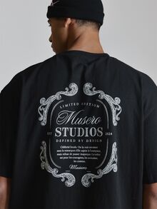 Musero Oversized Graphic Short Sleeve Tshirt Crewneck "Baroque Studios" Back Graphic Autum Winter Essentials - Black - View 6