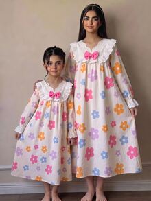 SHEIN 少女粉色碎花睡裙，3D蝴蝶結裝飾可愛蕾絲洋裝 - 彩色 - 查看 4