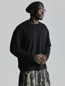 Musero Oversized Loose Fit Cut And Sew Jersey Crew Neckline Slight Drop Shoulder Autum Winter Essentials - Black - View 1