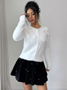 Elenzga Elegant Korean Style White Bowknot Round Neck Button Cardigan Women Long Sleeve Faux Mink Soft Versatile Fashion Top - White - View 6