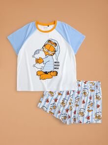 GARFIELD | SHEIN Plus Size Women's Cartoon Print Short Sleeve Top And Shorts Casual Daily Home Sleepwear Set - White - View 1