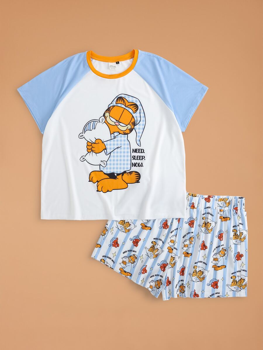 GARFIELD | SHEIN Plus Size Women's Cartoon Print Short Sleeve Top And Shorts Casual Daily Home Sleepwear Set - White - View 1