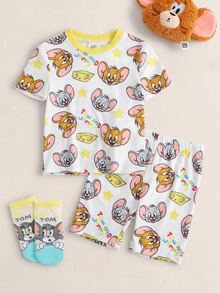 TOM & JERRY X SHEIN Young Boy Cartoon Print Short Sleeve Top And Shorts Casual Daily Home Pajama Set - Yellow - View 1