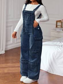 SHEIN CURVE+ Overall Denim Saku Gaya Streetwear Ukuran Plus - Biru - View 6