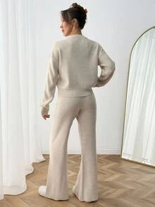 SHEIN Women 2 Ribbon Detailed Bow Tied Cardigan And Sweater Pant 2pcs Set Co-Ords - Beige - View 2