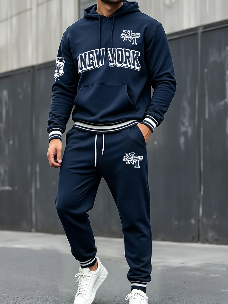 Manfinity Homme Men's Letter Graphic Pullover Hoodie And Jogger Pants 2-Piece Set, Drawstring Tracksuit For Casual Streetwear, Travel And Daily Wear - Multicolor - View 1