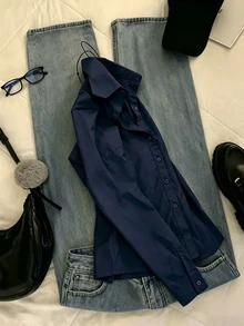 IslaSuriya 女款素色休閒百搭日常穿著襯衫 - 藏蓝色 - 查看 3