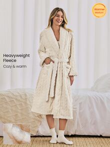 GLOWMODE Heavyweight Double-Faced Fleece Cozy Nights Long Robe With Detachable Tie Waist & Patch Pockets Daily Casual Home Fall Winter Wear - White - View 1
