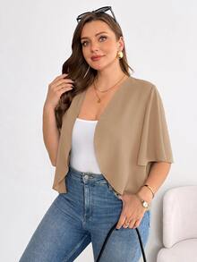SHEIN Essnce 大尺碼女款素色短袖開襟輕便外套 - 摩卡棕 - 查看 5