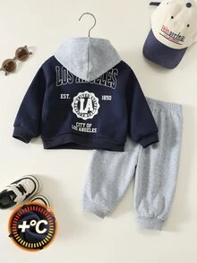 SHEIN 中性嬰兒男/女嬰，男嬰 2 件組秋冬抓絨加厚休閒可愛連帽衛衣套裝，嬰兒冬季套裝，運動服，慢跑褲 - 藏蓝色 - 查看 3